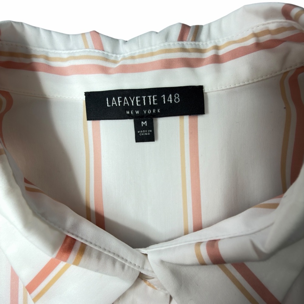 Lafayette 148 White Peach Striped Button Up Shirt Asymmetrical Hem Size M - Picture 6 of 16